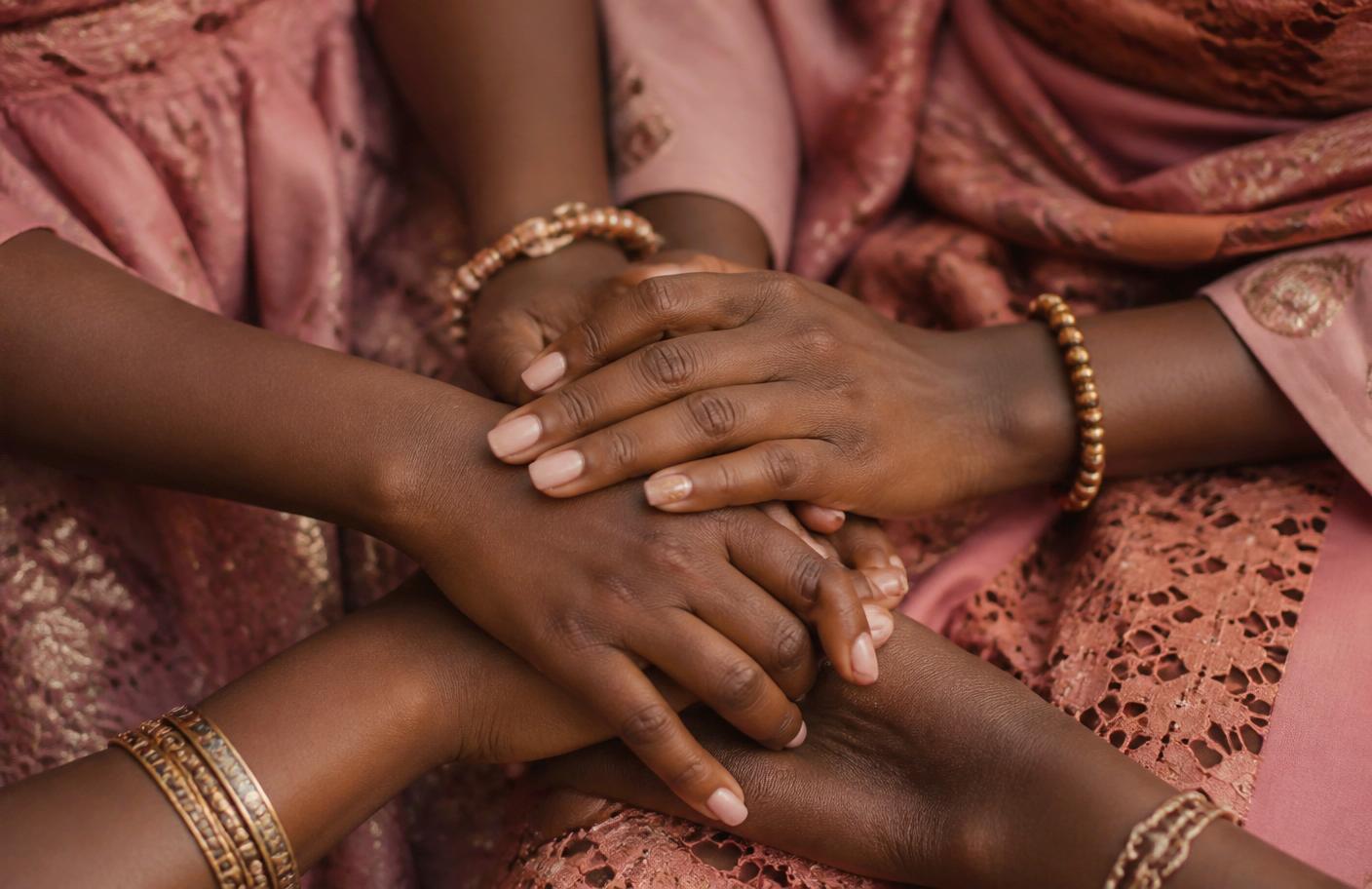 Young Ghanaian women clasping hands in solidarity